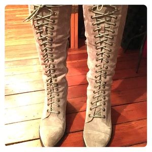 Brand New All Leather Lace up Knee High Grey Boots